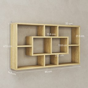 HOMCOM Raft de Perete cu 8 Compartimente, 85 x 14,5 x 47,5 cm, Max. 20 kg, din Lemn, pentru Living, Stejar | Aosom Romania