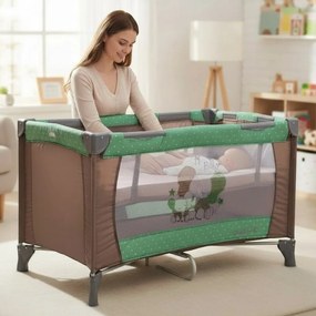 Patut Pliabil si Tarc copii Baby Care™ PRO FMG, 120X60 cm, 2 Niveluri de inaltime, Cu geanta transport inclusa, Plasa insecte, Maron cu Verde