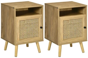 HOMCOM Set 2 Noptiere Moderne cu Dulap și Raft Deschis PAL Ratan MDF pentru Dormitor și Living 39x35x60 cm | Aosom Romania