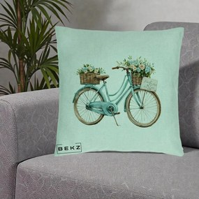 Perna Decorativa Bicicleta Teal cu Cosuri Duble de Flori Vintage, 40x40 cm, Verde Menta, Husa Detasabila, Perna Inclusa, BEKZ®