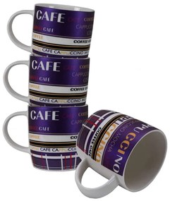 Set 4 cesti decor Coffee 270 ml, Alb/Mov