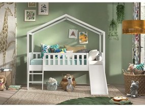 Pat Căsuță Supraetajat cu Tobogan, Alb, 90 x 200 cm, Pin Scandinavian – Dallas – Vipack