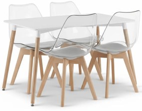 Set de masa 1 + 4, masa alba ADRIA 120x80 cm + scaune transparente BALI MARK cu picioare din lemn de fag