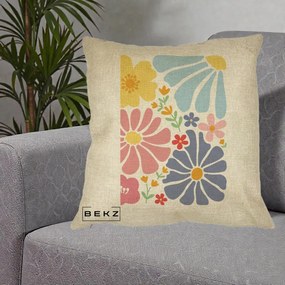 Perna Decorativa Flori Grafice Pastel Multicolor, 40x40 cm, Crem, Husa Detasabila, Perna Inclusa, BEKZ®