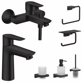 Set baterie cada si baterie lavoar Hansgrohe Talis cu accesorii Hansgrohe AddStoris, negru