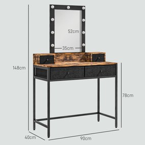 HOMCOM Coafare masă de machiaj oglindă LED reglabilă integrată - picior metalic negru - 4 sertare din material textil - Aspect lemn întunecat | Aosom Romania