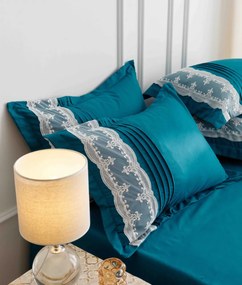 Lenjerie pat dublu, Inimi Brodate, 6 Piese, Finet Premium - Turcoaz