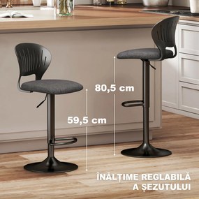 Set HOMCOM de 2 Scaune de Bar Reglabile, Scaune de Bucătărie Înalte din Țesătură Tip In cu Spătar, Suport pentru Picioare și Scaun Moale, Structură din Metal, Scaune de Bar Rotative la 360°, Negru | Aosom Romania