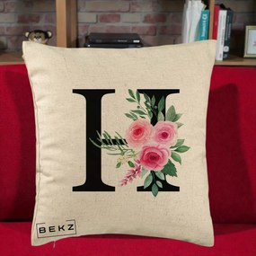 Cadou Personalizat - Perna Personalizata Monograma Florala Litera H cu Trandafiri Roz, 40x40 cm, Bej, Husa Detasabila, Perna Inclusa, BEKZ®