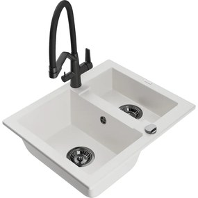 Mexen Carlos chiuvetă de granit cu 1,5 compartiment și baterie de bucătărie Duo, Albă - 6518-20-671701-70-B