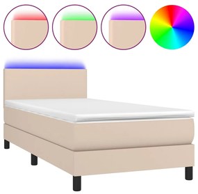 3134086 vidaXL Pat cu arcuri, cu saltea și LED, cappuccino 90x200 cm piele eco