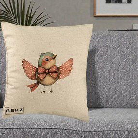 Perna Decorativa Pasare Roz cu Aripi si Fundita, 40x40 cm, Bej, Husa Detasabila, Perna Inclusa, BEKZ®