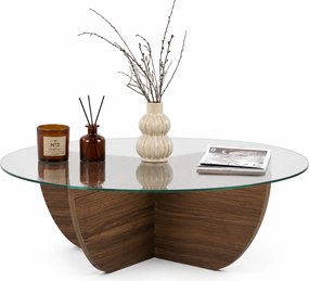 Masuta cafea LIYA, nuc/transparent, sticla/PAL, 90x90x30 cm