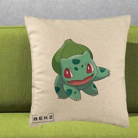 Perna Personalizata Bulbasaur Pokemon, 40x40 cm, Bej, Husa Detasabila, Perna Inclusa, BEKZ®