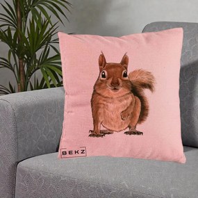 Perna Decorativa Veverita Acuarela, 40x40 cm, Roz, Husa Detasabila, Perna Inclusa, BEKZ®
