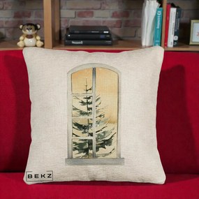 Perna Decorativa Fereastra cu Brad de Iarna, 40x40 cm, Bej Canapea, Husa Detasabila, Perna Inclusa, BEKZ®