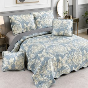 Cuvertură bumbac 100%, bleu cu flori albe, 5 piese, 230x250 cm, CB506