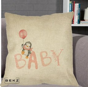 Perna Personalizata Baby Pinguin Roz, 40x40 cm, Crem, Husa Detasabila, Perna Inclusa, BEKZ®