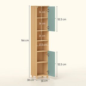 HOMCOM Mobilier de baie corp de depozitare 2 dulapuri 2 compartimente deschise rafturi reglabile 30 x 30 x 166 cm, verde | Aosom Romania
