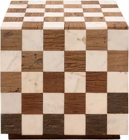 Măsuță laterală din lemn reciclat și marmură albă, natur, cu model în carouri, formă cubică, 38 x 44,5 x 44,5 cm, „Kadrie”