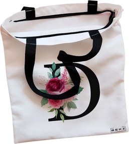 Sacosa de Panza pentru Cumparaturi, Geanta Tote, Cu litera D si Trandafiri, Cu fermoar, 38x34.5 cm, Alba, BEKZ®
