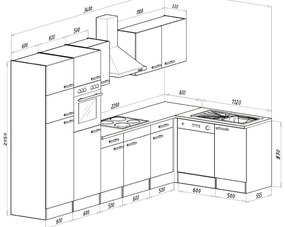 Mobilă de bucătărie de colț Yorki 340, corp din stejar Sonoma, cu față alb satinat