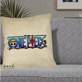 Perna Personalizata One Piece Clasic Albastru, 40x40 cm, Crem, Husa Detasabila, Perna Inclusa, BEKZ®