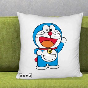 Perna Personalizata Doraemon Salutand, 40x40 cm, Alb Pufos, Husa Detasabila, Perna Inclusa, BEKZ®