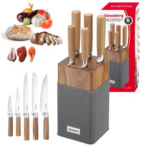 Set cuțite Klausberg KB 7983, 6 piese, Oțel inoxidabil, Mâner lemn de salcâm, Maro/grafit