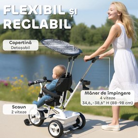 HOMCOM Triciclu pentru Copii cu Mâner de Împingere, Acoperiș Parasolar, Bară de Siguranță și Coș, 105x47x98 cm, Alb | Aosom Romania