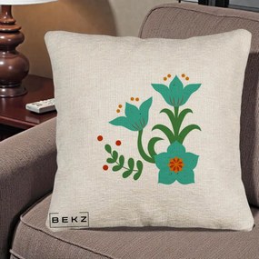 Perna Decorativa Flori Stilizate Folk Turcoaz, 40x40 cm, Bej Canapea, Husa Detasabila, Perna Inclusa, BEKZ®