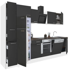 Mobilă de bucătărie Yorki 310, corp alb, față antracit satinat, element cuptor inferior, frigider congelator superior