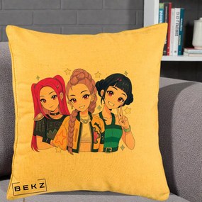 Perna Personalizata K-pop HUNTRX Trio Anime Stele, 40x40 cm, Galben, Husa Detasabila, Perna Inclusa, BEKZ®
