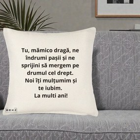 Cadou pentru Mama - Perna Personalizata Mamico Draga Te Iubim La Multi Ani cu Text Negru, 40x40 cm, Crem Reliefat, Husa Detasabila, Perna Inclusa, BEKZ®