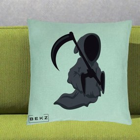 Perna Decorativa Moartea cu Coasa Grim Reaper Halloween, 40x40 cm, Verde Menta, Husa Detasabila, Perna Inclusa, BEKZ®