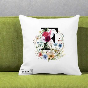 Cadou Personalizat - Perna Personalizata Monogram Litera F cu Flori Acuarela, 40x40 cm, Alba Mata, Husa Detasabila, Perna Inclusa, BEKZ®