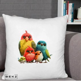 Perna Decorativa Familie de Pasarele Colorate, 40x40 cm, Alb Pufos, Husa Detasabila, Perna Inclusa, BEKZ®