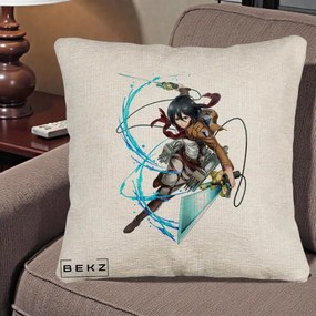 Perna Personalizata Attack on Titan Mikasa Ackerman Lupta, 40x40 cm, Bej Canapea, Husa Detasabila, Perna Inclusa, BEKZ®