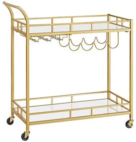 Carucior Servire cu 2 Nivele si Suport pentru Sticle / Pahare, Sticla / Metal, Auriu, Vasagle, LRC090A03