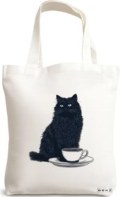 Sacosa de Panza pentru Cumparaturi, Geanta Tote, model Caffeine Cat 13 38 x 34.5 cm, Alba, BEKZ®