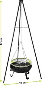 Grilaj suspendat cu trepied, cu focar