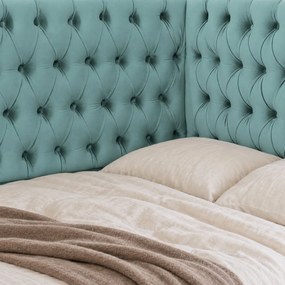 Pat tapițat pentru copii din catifea Elyra 140×200 cm, verde marin, colț stânga, cu ladă de depozitare