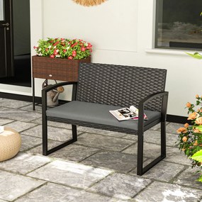 Outsunny Banc de grădină 2 locuri, banc de exterior din resină împletită PE cu pernă, oțel galvanizat, 103x58x78cm, gri și negru | Aosom Romania