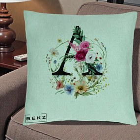 Cadou Personalizat - Perna Personalizata Monogram Litera A cu Flori Acuarela, 40x40 cm, Verde Menta, Husa Detasabila, Perna Inclusa, BEKZ®