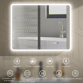 HOMCOM Oglindă de baie LED bluetooth 70 x 90 cm interruptor tactil lumină reglabilă 3 culori anti-abur memorie argintiu | Aosom Romania