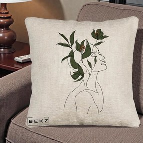 Perna Decorativa Portret Feminin Crin Verde, 40x40 cm, Bej Canapea, Husa Detasabila, Perna Inclusa, BEKZ®