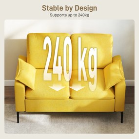 HOMCOM Divan cu Două Locuri Îmbunătățit în Material Textil de Tip Spugna cu Perne Detașabile, Divan Compact Modern cu Brațe și Picioare Metalice pentru Sufragerie, Dormitor, 130x77x84 cm, Galben | Aosom Romania