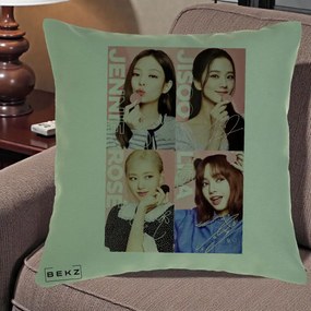 Perna Personalizata K-pop BLACKPINK Colaj 4 Portrete cu Semnature, 40x40 cm, Verde, Husa Detasabila, Perna Inclusa, BEKZ®