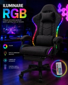 SONICSTRIKE RGB FABRIC– Scaun Gaming cu Masaj în 7 Puncte, Boxe Bluetooth Integrate, Sistem iluminare banda LED RGB, Tapițerie Premium Dublu Strat Anti-Zgâriere, Suport Extensibil pentru Picioare, Negru
