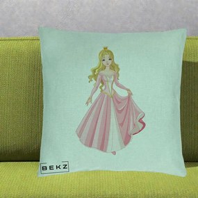 Perna Decorativa Printesa Aurora Rochie Roz, 40x40 cm, Verde Menta, Husa Detasabila, Perna Inclusa, BEKZ®